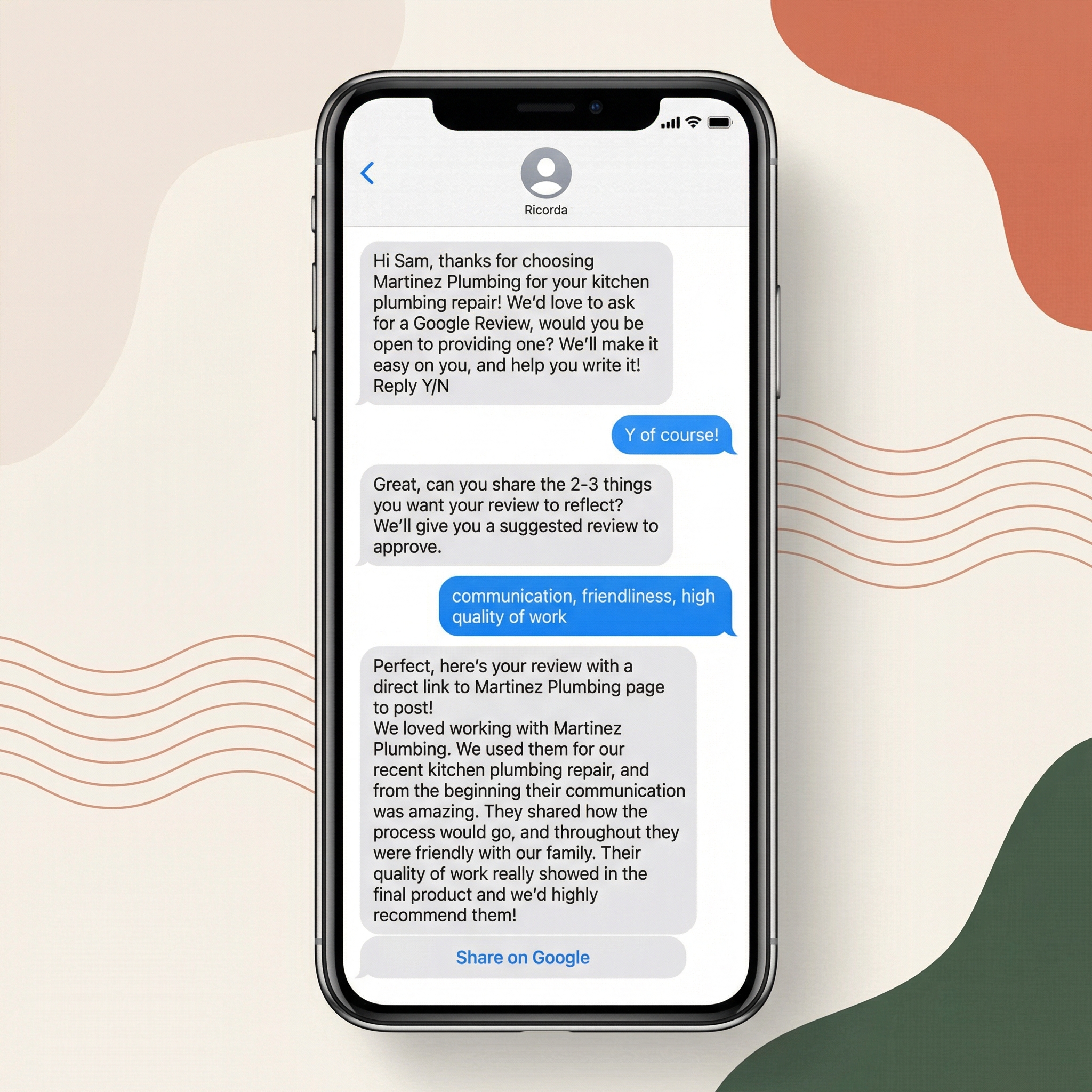 iPhone showing a friendly SMS review request with AI-assisted writing from Ricorda